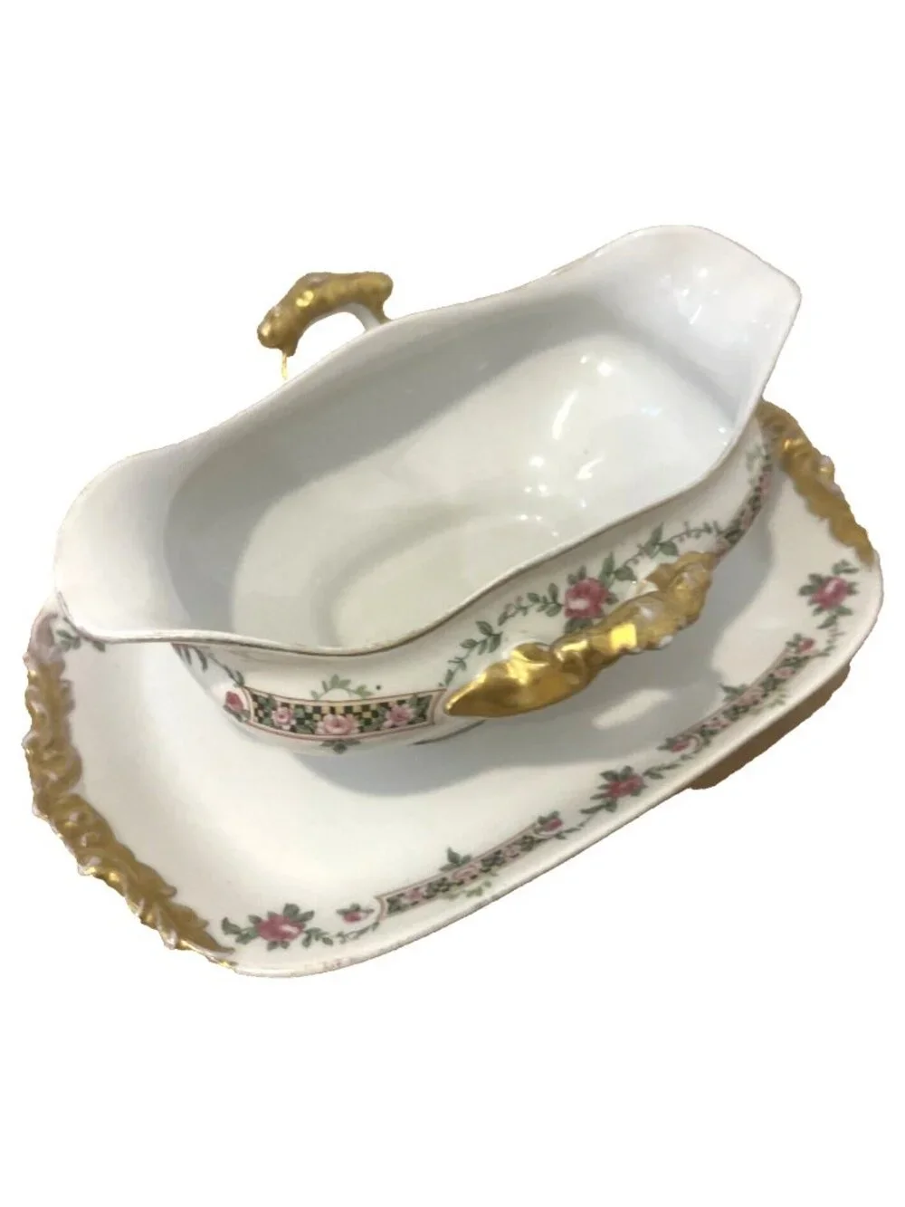 J Pouyat Limoges France Gold Gilt & Flowers Porcelain Gravy Boat Attached Plate